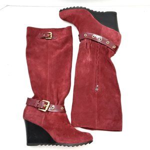 Michael Kors Wedge Boots Knee High Burgundy Suede Buckle Moto Heeled Boot Sz 7.5